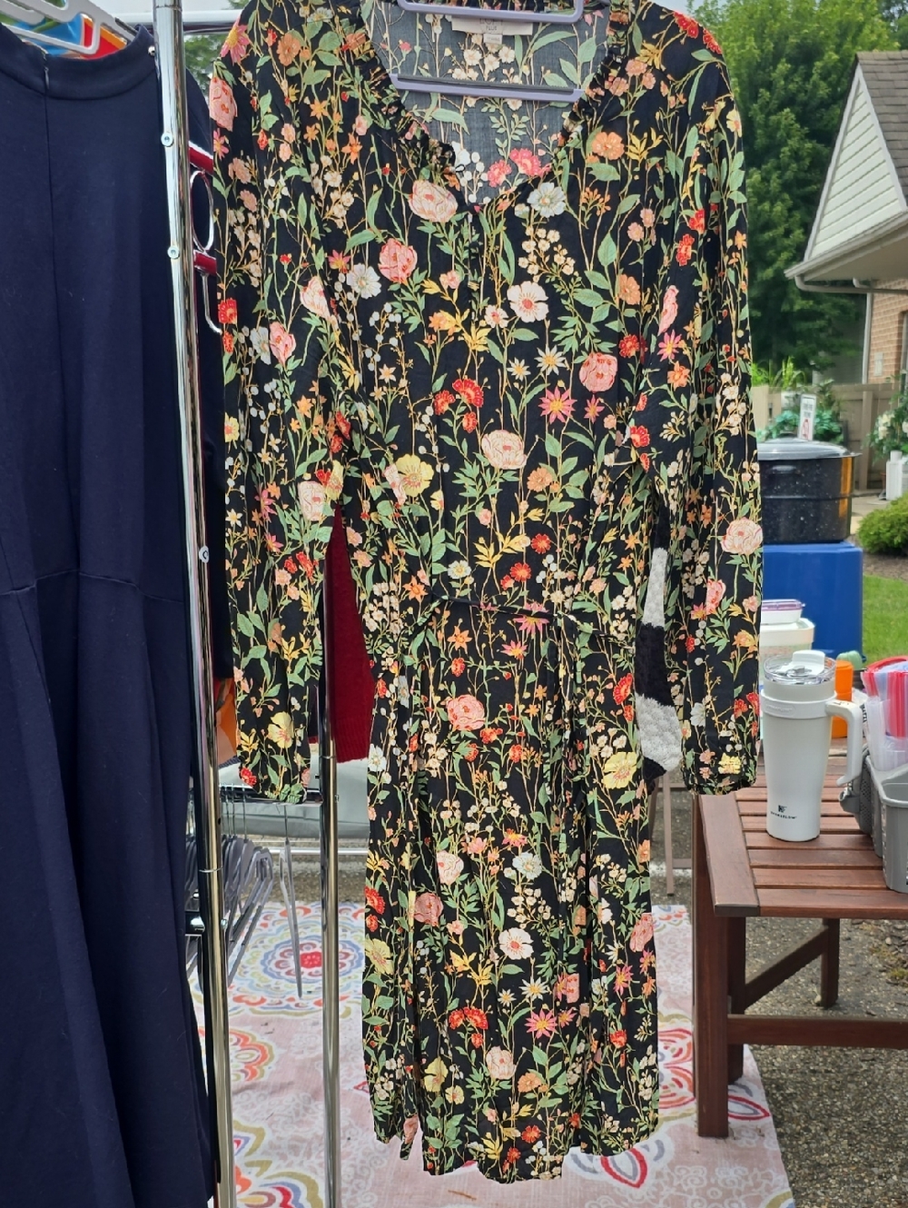 LOFT - Floral V-Neck Long Sleeve Dress in Black with Multicolor Blooms